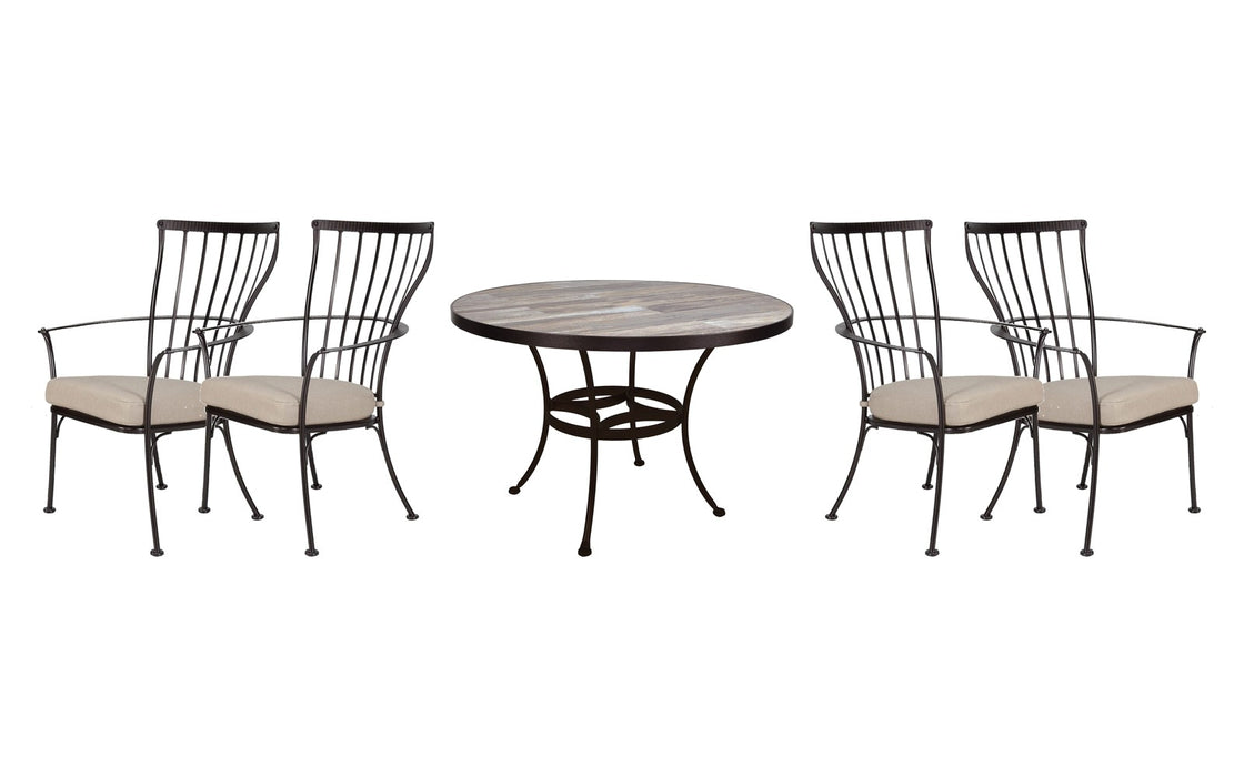 OW Lee Monterra dining set on a patio, with each included piece