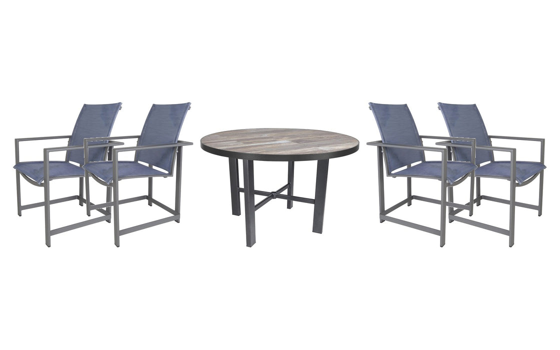 OW Lee Studio dining set on a patio, with each included piece
