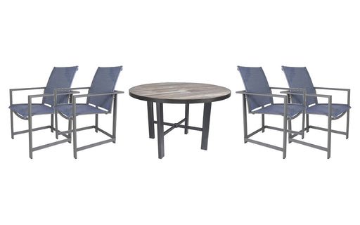 OW Lee Studio dining set on a patio, with each included piece