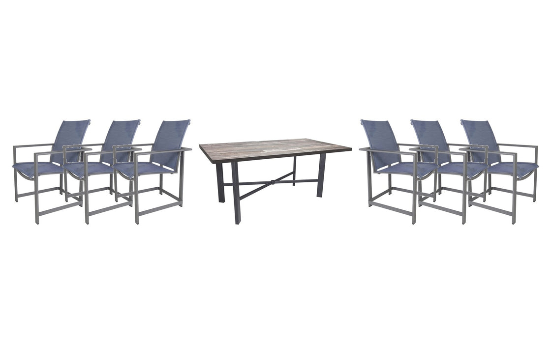 OW Lee Studio dining set on a patio, with each included piece