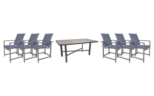 OW Lee Studio dining set on a patio, with each included piece