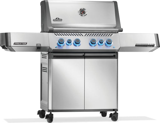 Napoleon Prestige 500 gas grill in stainless steel, angled view