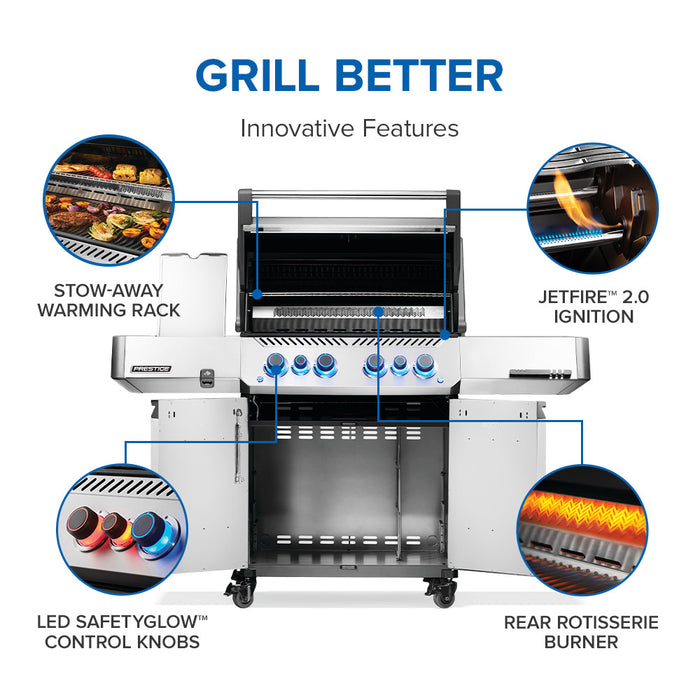 Innovative features: stow-away warming rack, JETFIRE ignition, SafetyGlow knobs, rear rotisserie burner