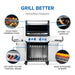 Innovative features: stow-away warming rack, JETFIRE ignition, SafetyGlow knobs, rear rotisserie burner