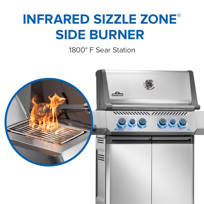 Infrared SIZZLE ZONE side burner, 1,800F sear station