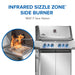 Infrared SIZZLE ZONE side burner, 1,800F sear station
