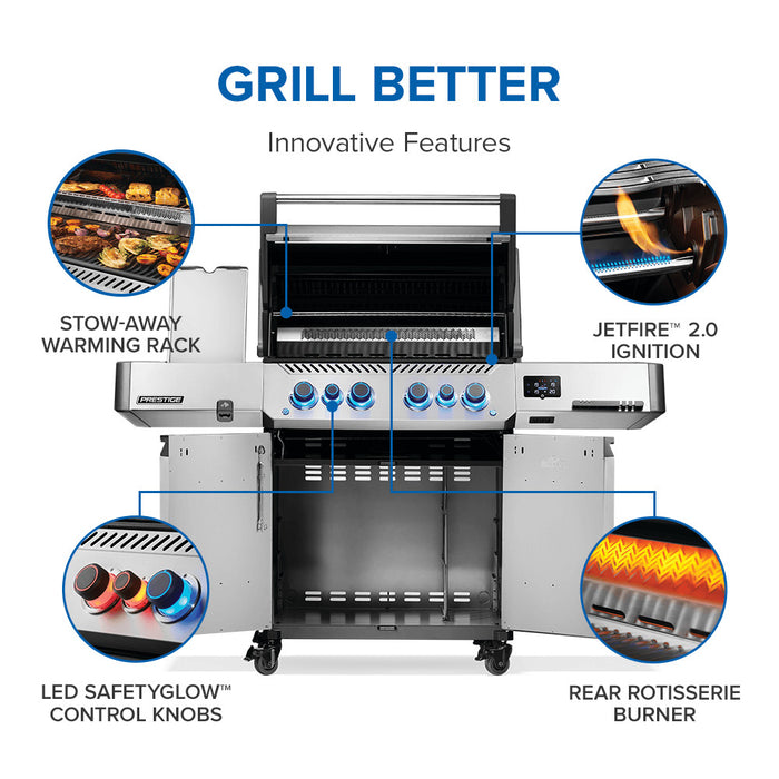 Innovative features: stow-away warming rack, JETFIRE ignition, SafetyGlow knobs, rear rotisserie burner