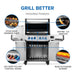 Innovative features: stow-away warming rack, JETFIRE ignition, SafetyGlow knobs, rear rotisserie burner