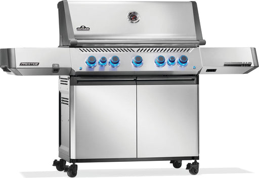 Napoleon Prestige 665 gas grill in stainless steel, angled view