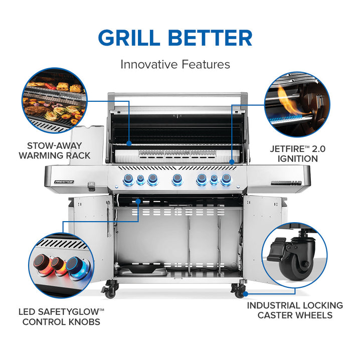 Innovative features: stow-away warming rack, JETFIRE ignition, SafetyGlow knobs, industrial locking casters