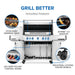 Innovative features: stow-away warming rack, JETFIRE ignition, SafetyGlow knobs, industrial locking casters