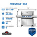 Prestige 665 at a glance: 37 x 18 in main cooking area, 60,000 BTU main burners, heats to 400F in 7 minutes, fits 41 burgers