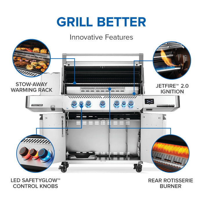Innovative features: stow-away warming rack, JETFIRE ignition, SafetyGlow knobs, rear rotisserie burner