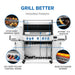 Innovative features: stow-away warming rack, JETFIRE ignition, SafetyGlow knobs, rear rotisserie burner