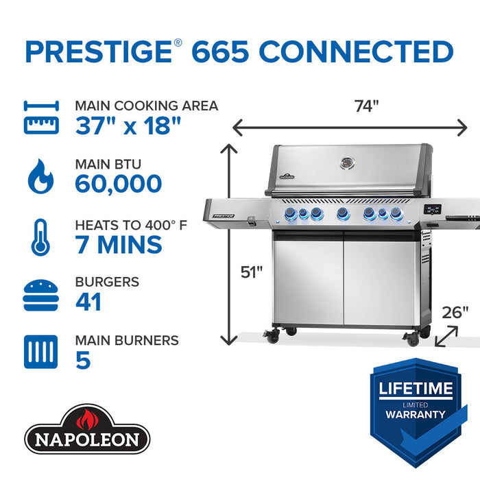 Prestige 665 Connected at a glance: 37 x 18 in main cooking area, 60,000 BTU main burners, heats to 400F in 7 minutes, fits 41 burgers