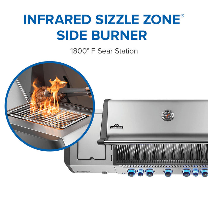 Infrared SIZZLE ZONE side burner, 1,800F sear station
