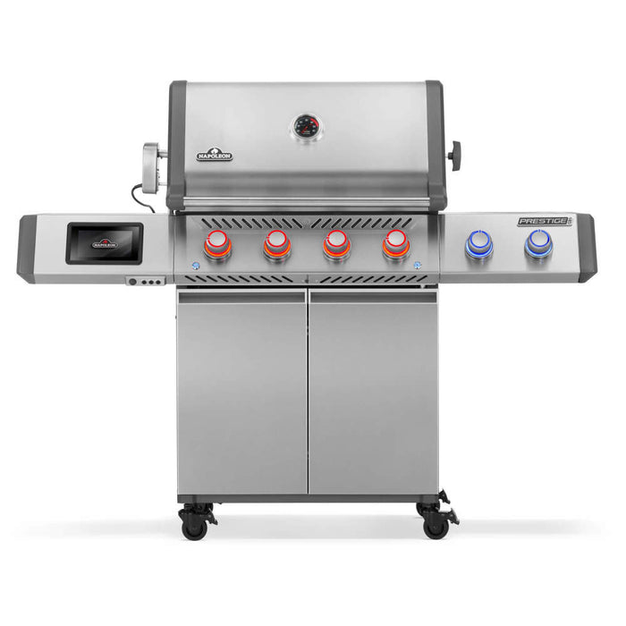 Napoleon Prestige PRO 500 smart gas grill in stainless steel, front view with knobs lit