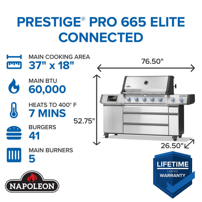 Prestige PRO 665 Elite at a glance: 37 x 18 in main cooking area, 60,000 BTU main burners, heats to 400F in 7 minutes, fits 41 burgers
