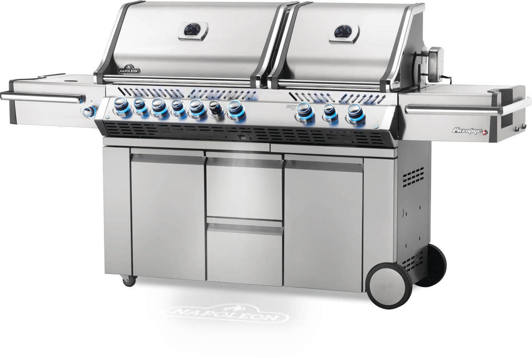 Napoleon Prestige PRO 825 gas grill in stainless steel, angled view