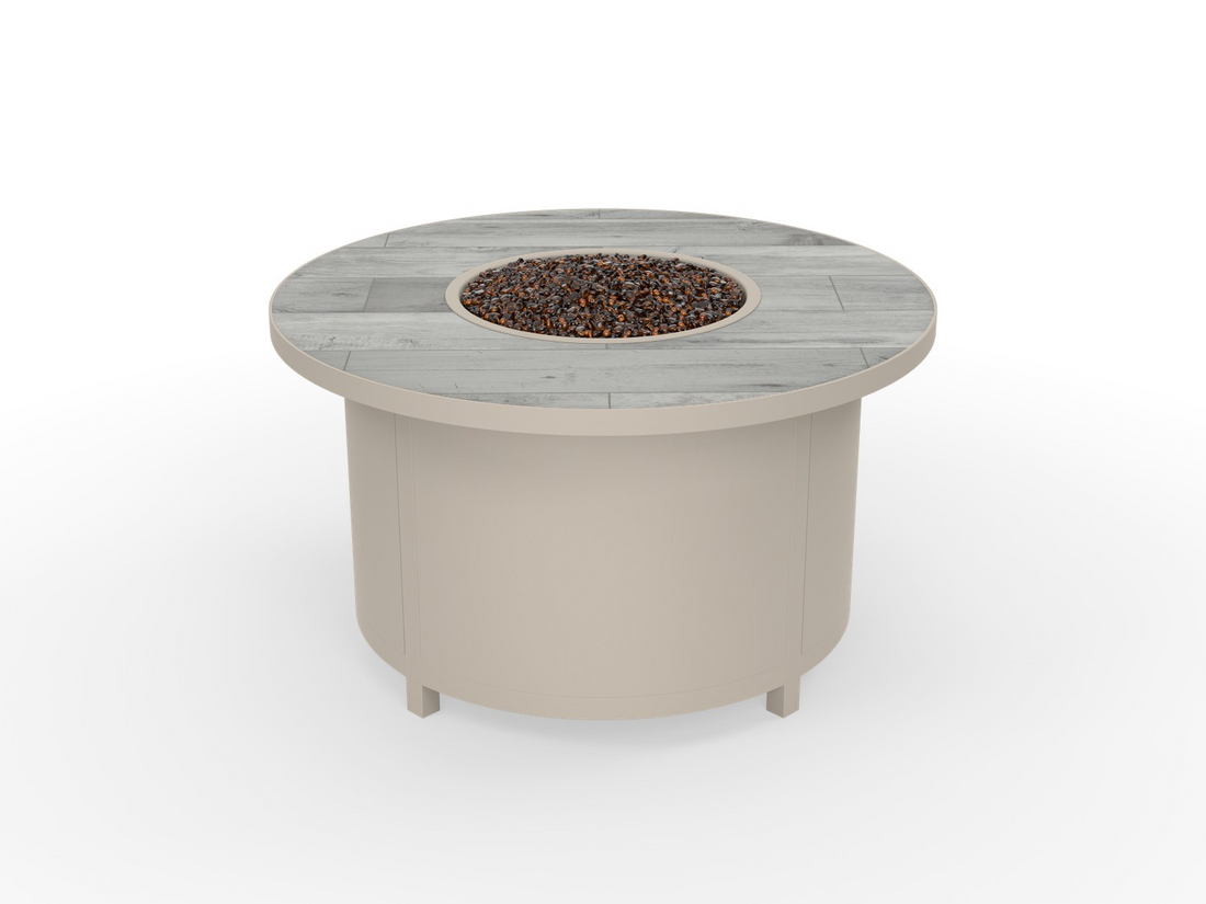 OW Lee fire pit in Sand Dollar finish with a Nordic Ash tile top