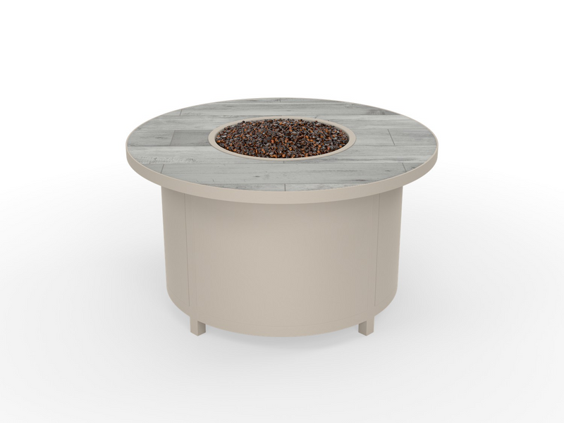 OW Lee fire pit in Sand Dollar finish with Nordic Ash tile top