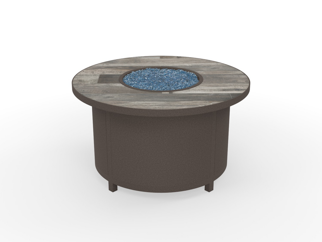OW Lee fire pit in Sandalwood finish with a Ironwood tile top