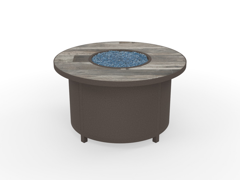 OW Lee fire pit in Sandalwood finish with Ironwood tile top
