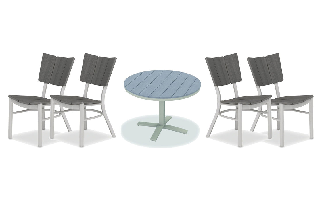 Telescope Casual Avant dining set on a patio, with each included piece