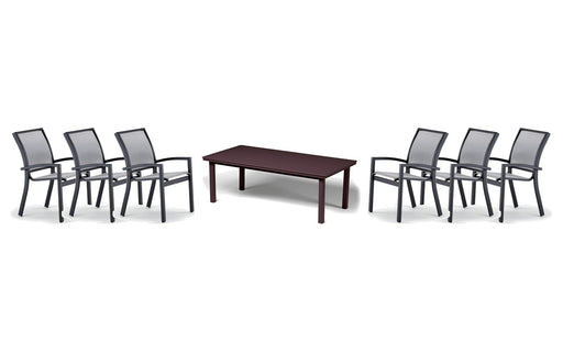 Telescope Casual Kendall dining set on a patio, with each included piece
