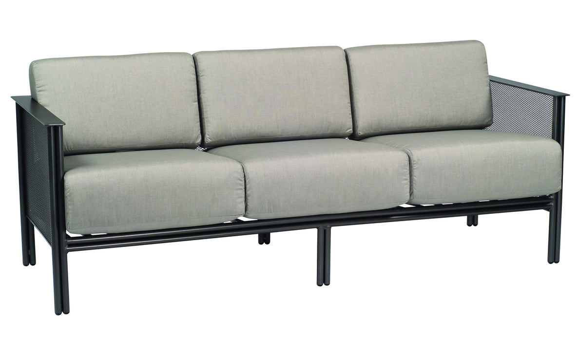 Woodard Jax wrought iron three-seat sofa with gray cushions