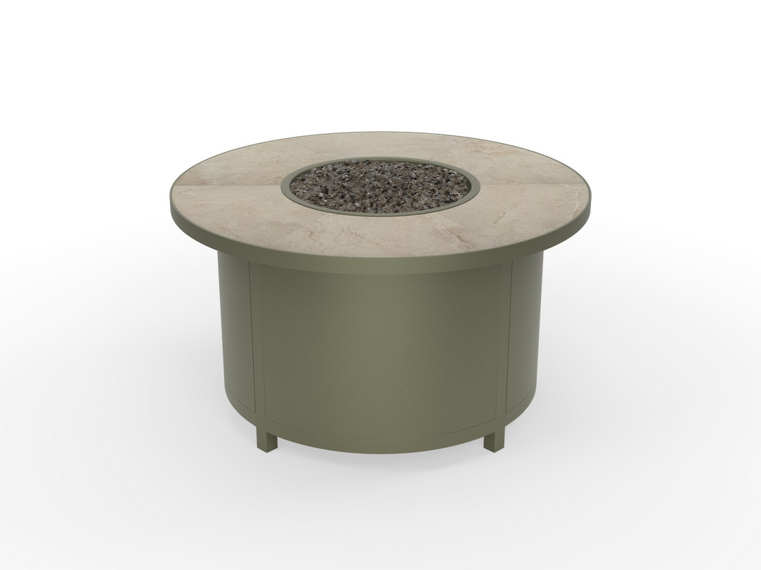 OW Lee fire pit in Agave finish with a Summit Grey tile top