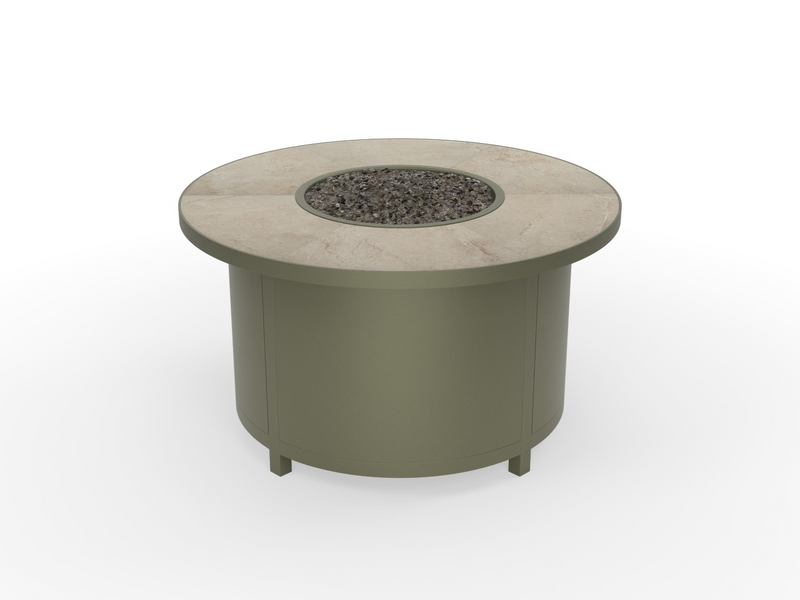 OW Lee fire pit in Agave finish with Summit Grey tile top