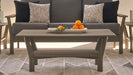 Close-up of the new Antero-inspired 24" x 48" coffee table with its lower shelf, in Boardwalk Rustic Polymer