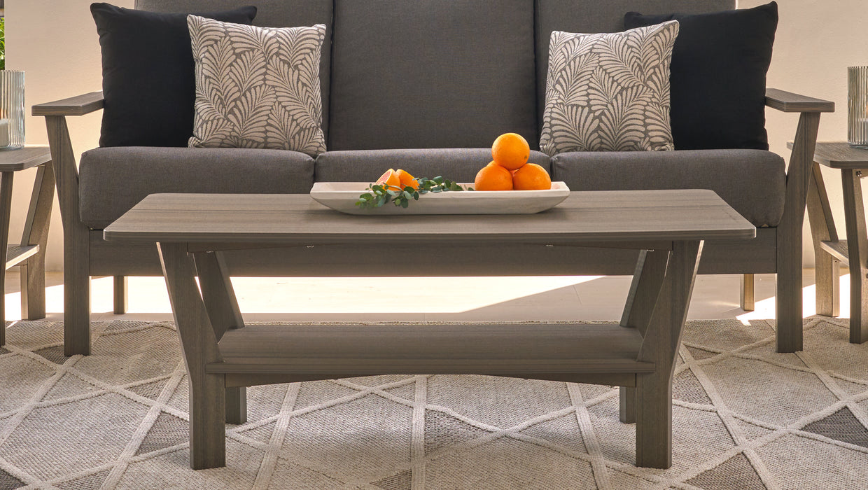 Close-up of the new Antero-inspired 24" x 48" coffee table with its lower shelf, in Boardwalk Rustic Polymer
