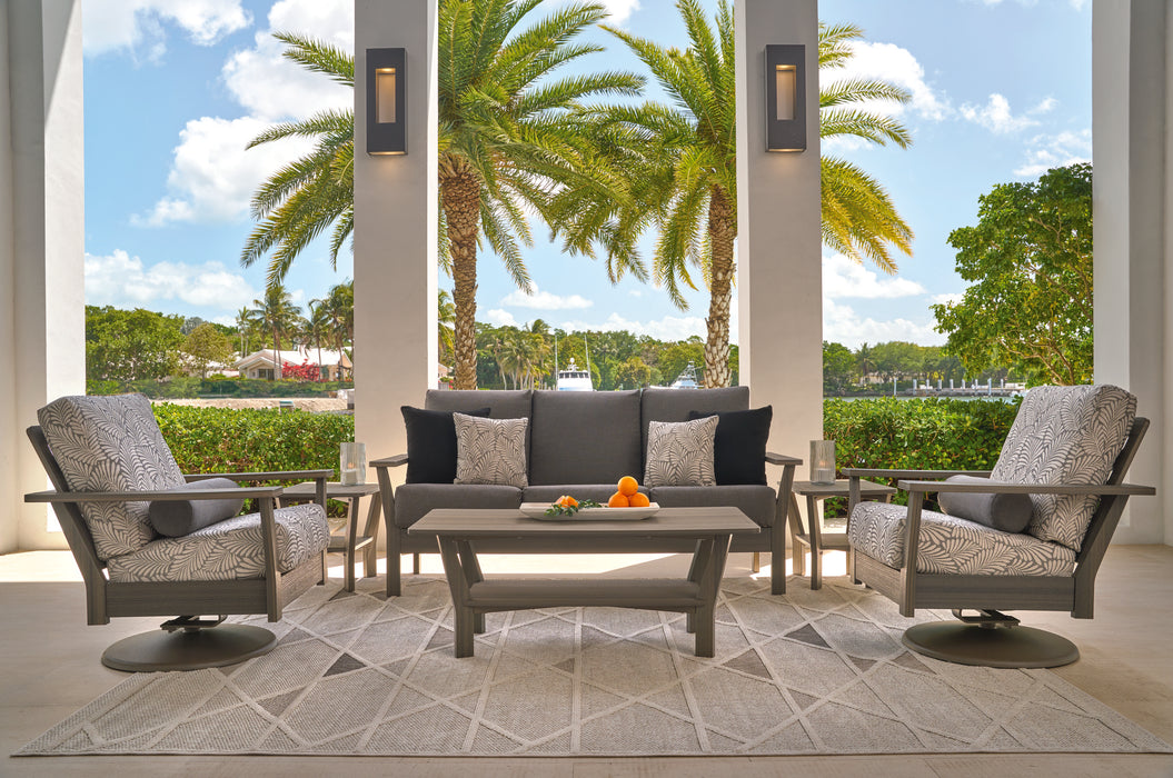 Antero seating in Boardwalk Rustic Polymer with the new 24" x 48" coffee table and two 18" x 24" end tables, Telescope Casual 2027 catalog