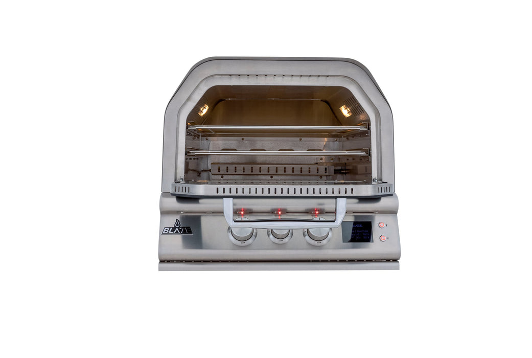 Blaze 26" Built-In Outdoor Pizza Oven - studio front view, door open with racks and stone