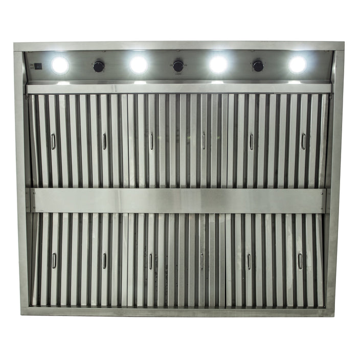 Blaze 42-inch outdoor vent hood, underside with lights on and baffle filters