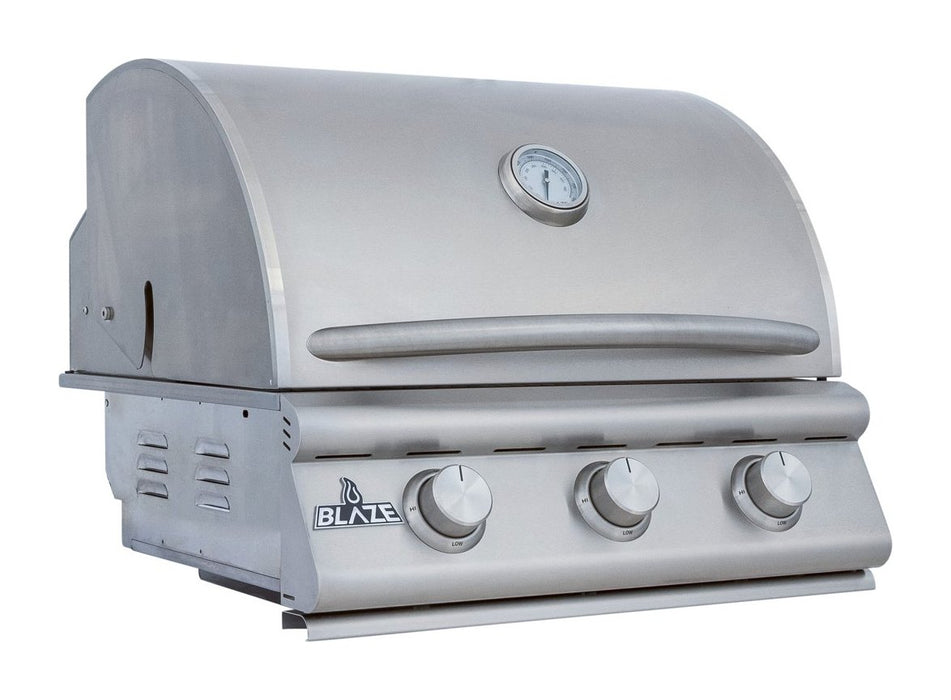 Blaze BCM 25" 3-Burner Built-In Gas Grill - studio angle, hood closed