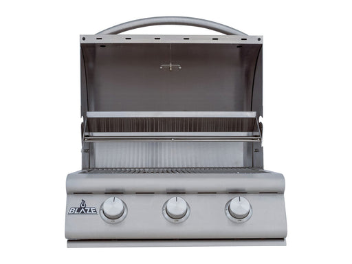 Blaze BCM 25" 3-Burner Built-In Gas Grill - studio front view, hood open