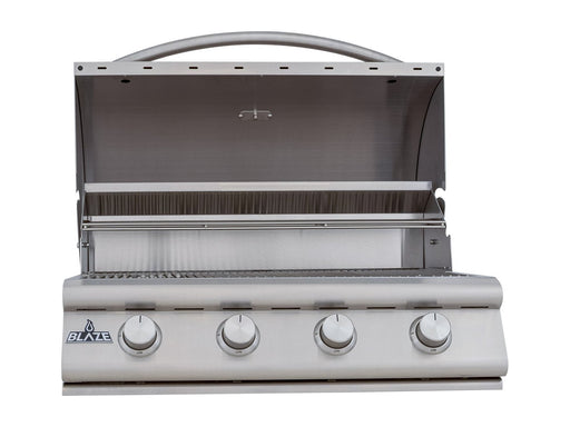 Blaze BCM 32" 4-Burner Built-In Gas Grill - studio front view, hood open
