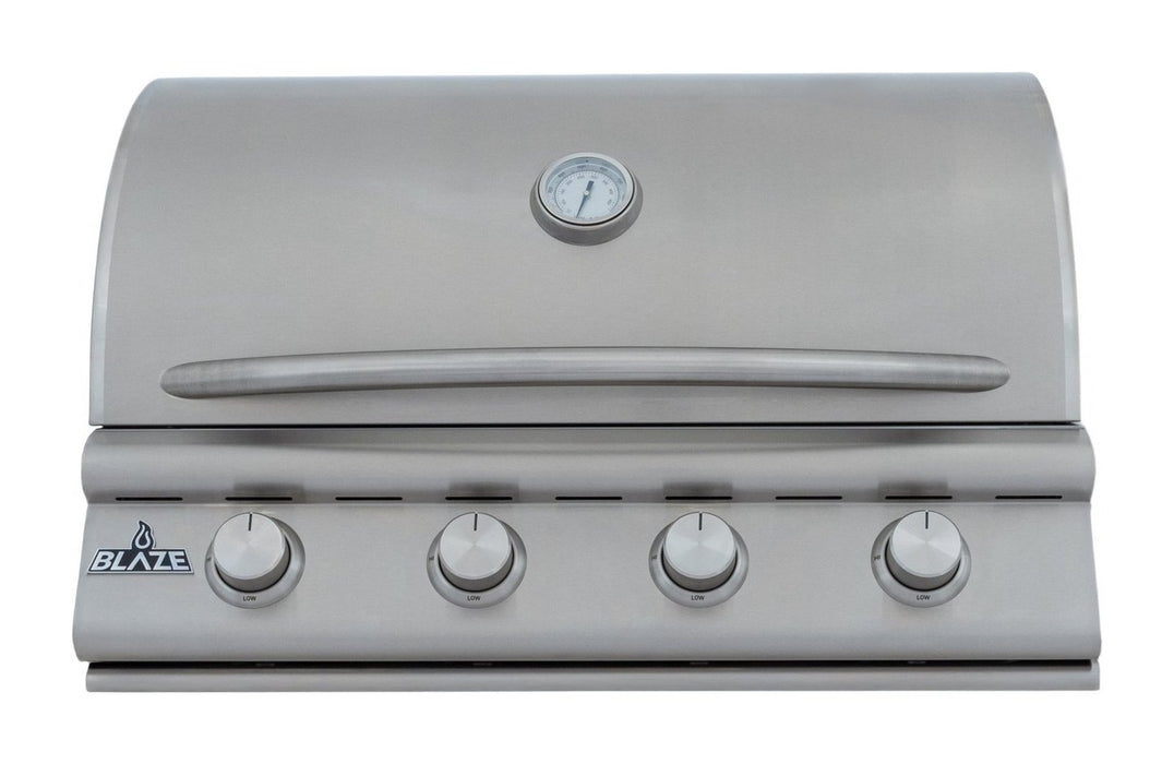 Blaze BCM 32" 4-Burner Built-In Gas Grill - studio front view, hood closed