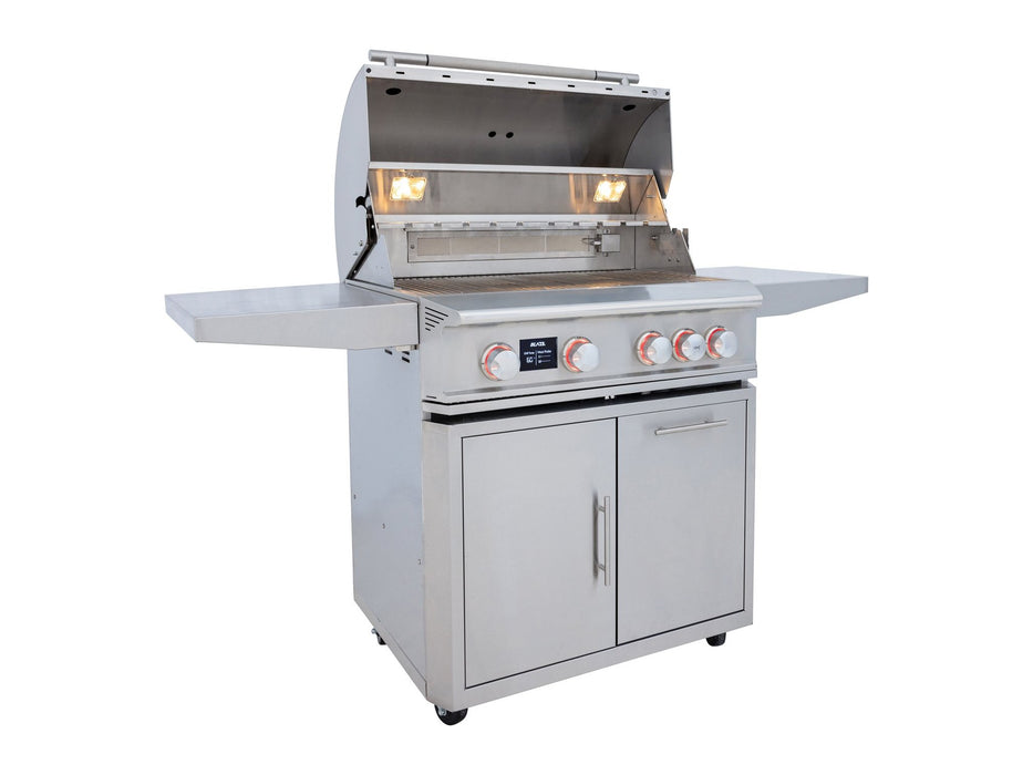 Blaze LTE PRO 32" Freestanding Gas Grill - studio angle on cart, hood open