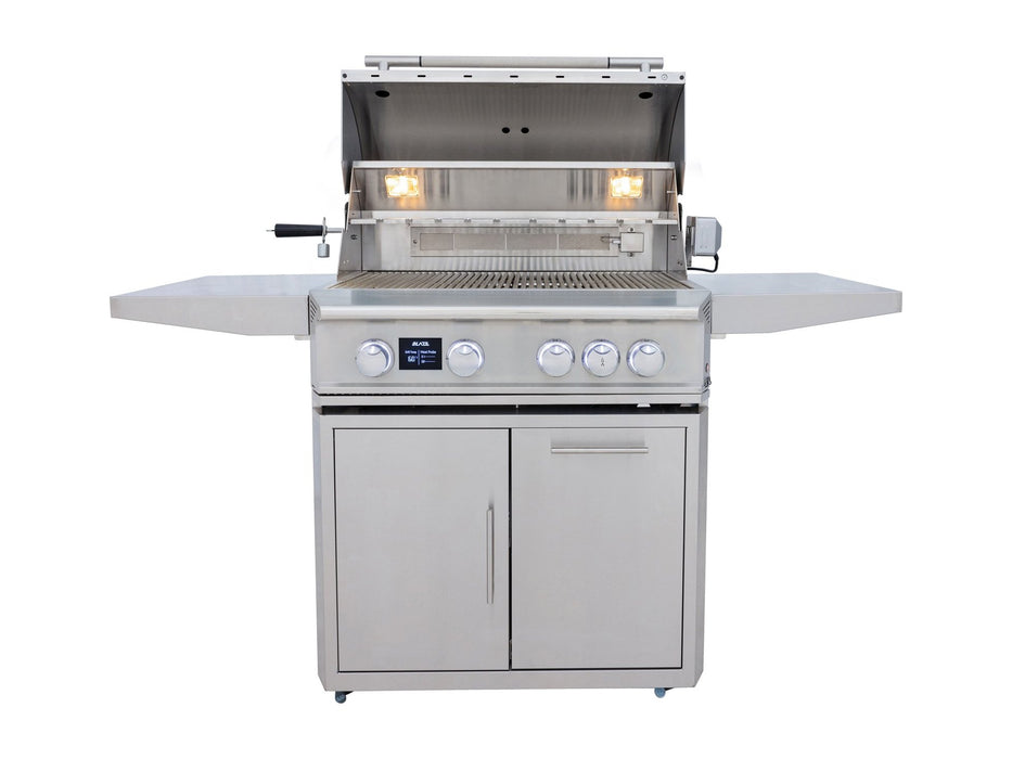 Blaze LTE PRO 32" Freestanding Gas Grill - studio front view on cart, hood open