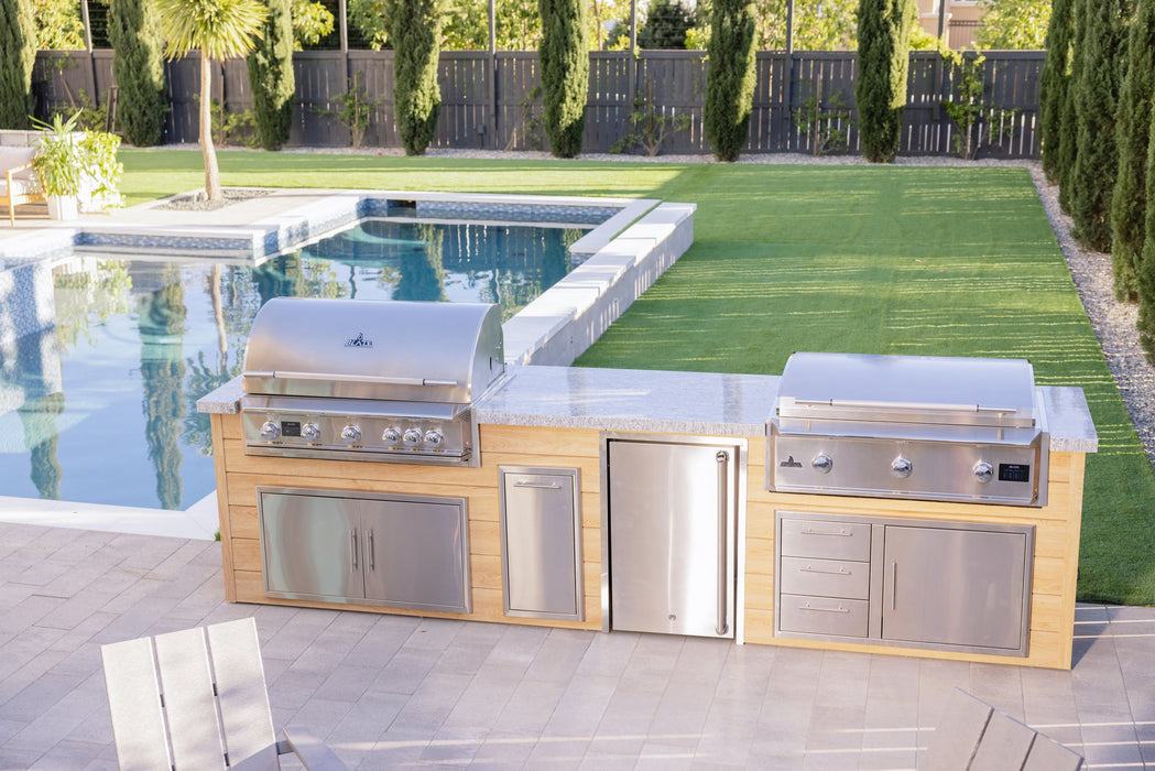 Blaze LTE PRO 40" Built-In Gas Grill - built into a poolside outdoor kitchen next to the LTE PRO griddle (sold separately)