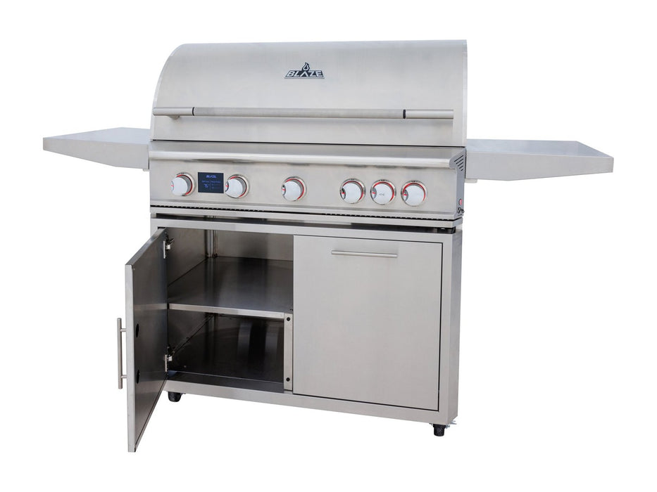Blaze LTE PRO 40" Freestanding Gas Grill - studio view on cart, storage door open