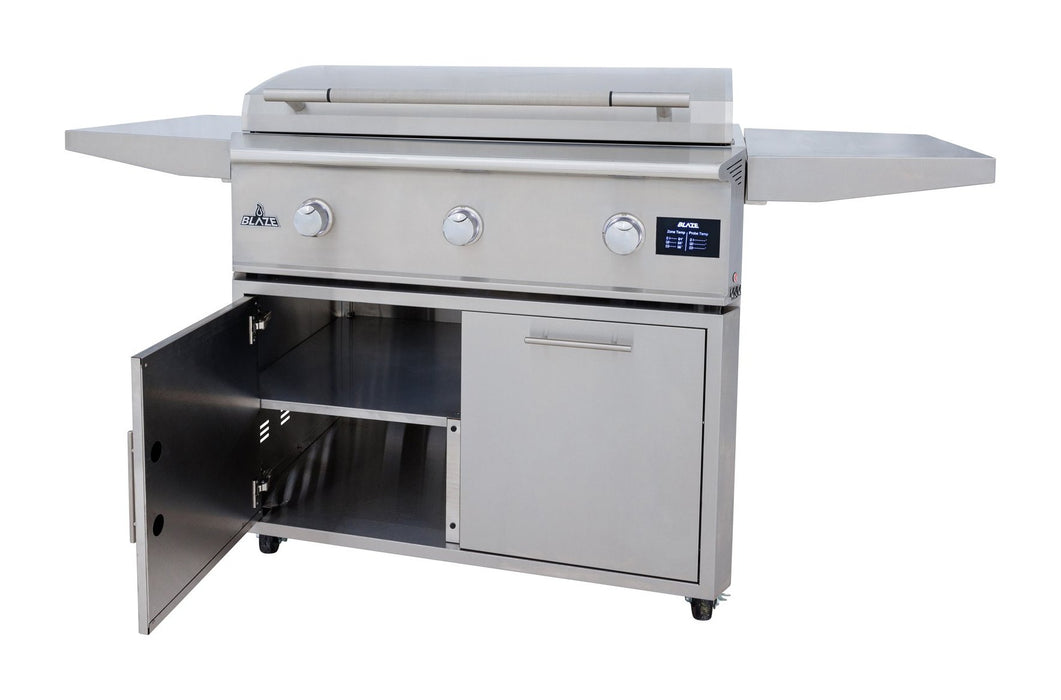 Blaze LTE PRO 40" Freestanding Gas Griddle - studio view on cart, storage door open