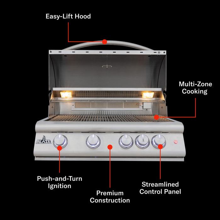 Blaze Premium LTE+ 32" gas grill on cart, features: easy-lift hood, multi-zone cooking, push-and-turn ignition