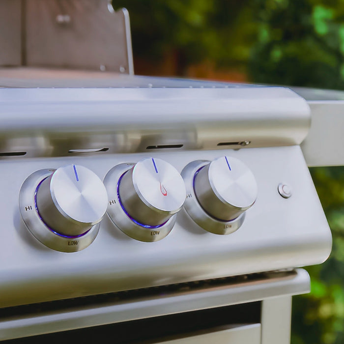 Blaze Premium LTE+ 40" gas grill on cart, control knobs close-up