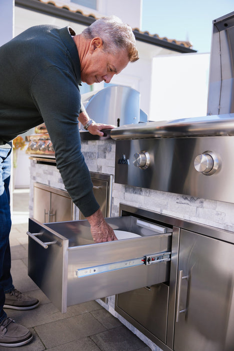 Blaze LTE+ 30" Freestanding Gas Griddle - shown built into an outdoor kitchen with a storage drawer (sold separately)