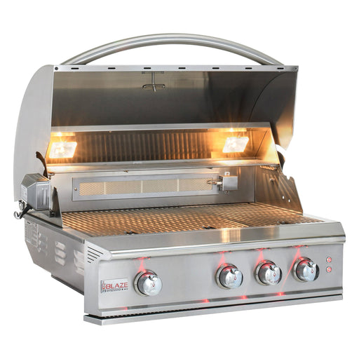 Blaze Professional LUX 34-inch built-in gas grill, studio, angle, lid open with lights